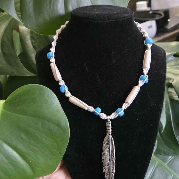 Western Inspired Handmade Necklace – Crow Beads, Bone & Silver Feather Pendant - Picture 3 of 4